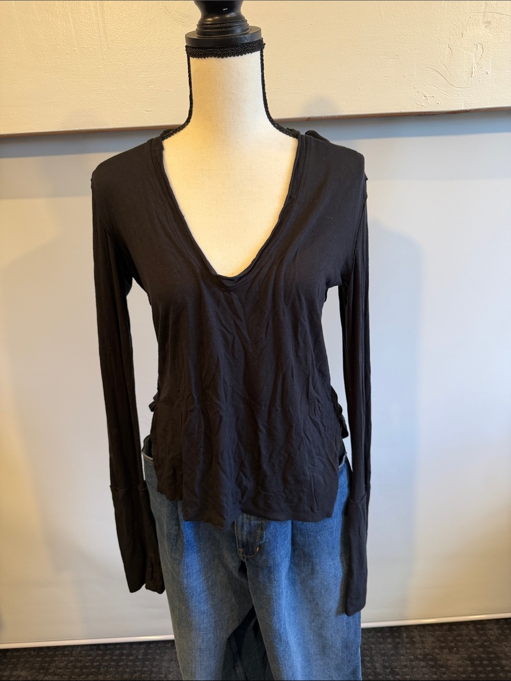 We The Free Black Long Sleeve V-Neck Slim Tee